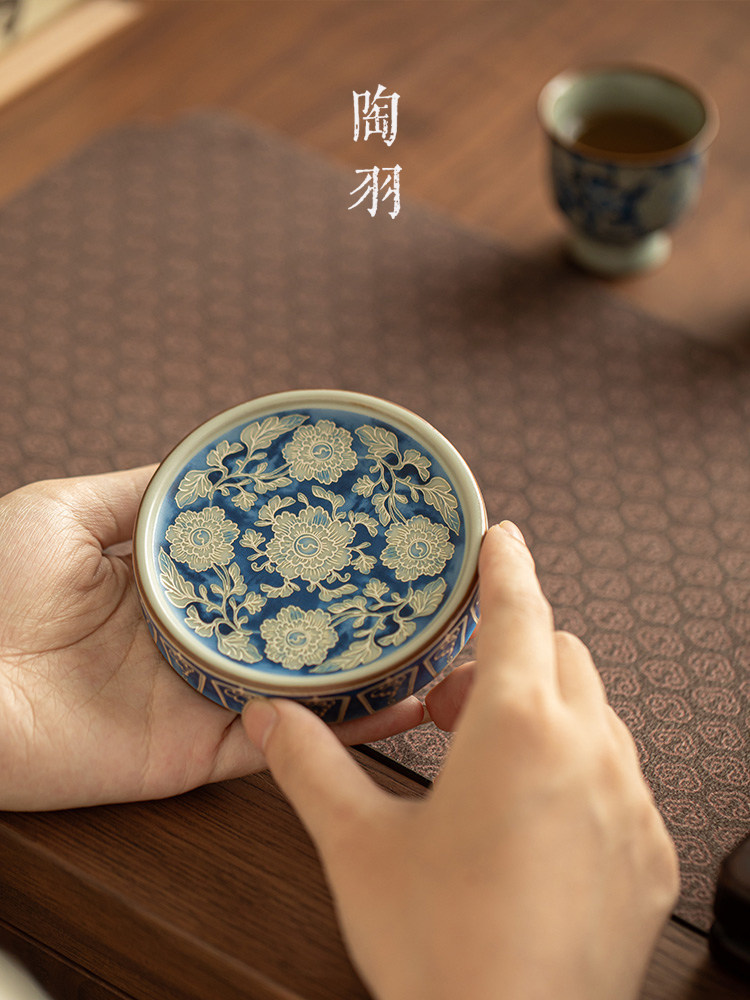 彷宋汝窑元青花盖置陶瓷壶盖托架功夫茶具家用茶杯垫茶托盖托壶承