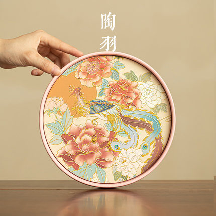 浮雕烫金孔雀牡丹吸水茶盘干泡盘小型家用圆形托盘茶海沥水茶台