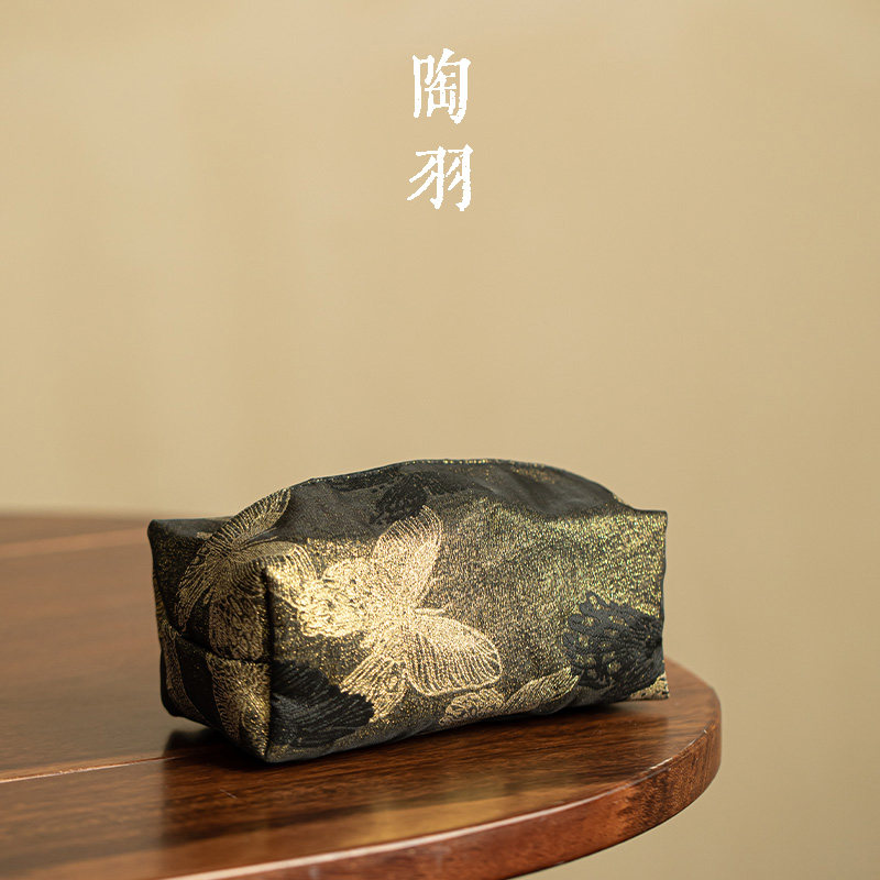 墨底金蝶织锦纸巾盒布艺新中式仿丝抽纸盒茶室金黄色收纳布套纸盒