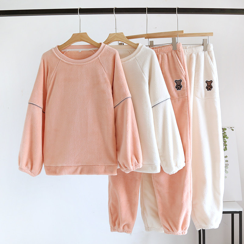 运动休闲家居服女冬天 加厚珊瑚绒套头睡衣宽松加绒纯色束脚