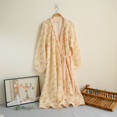 中长木耳花边 浴袍纯棉绉布双层棉纱睡袍碎花薄款 长袖 唯美法式