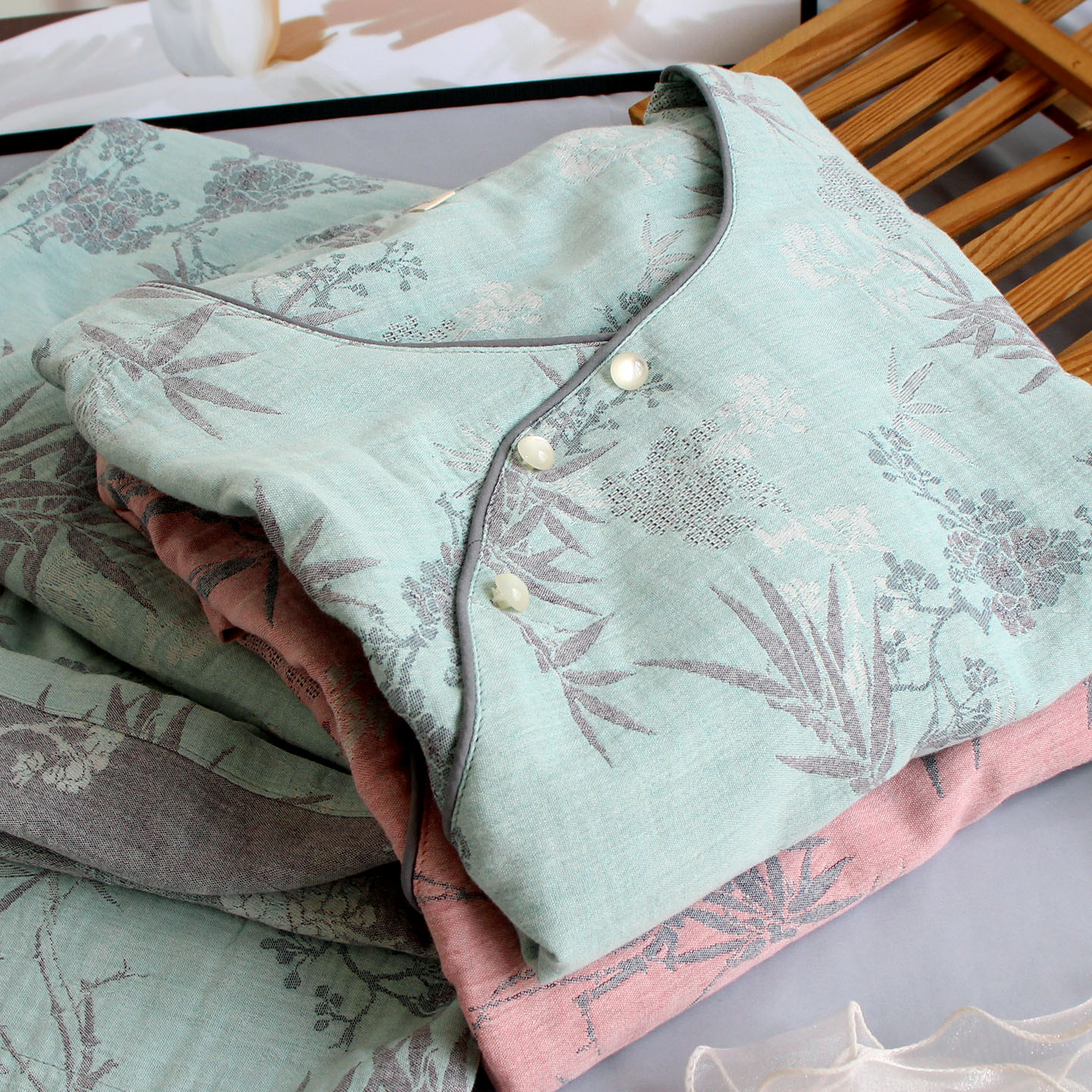 复古提花纯棉色织双层纱布短袖九分裤家居服夏季套头睡衣外穿国风