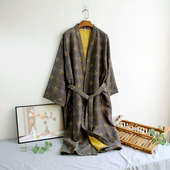 薄款 长袍晨袍九分袖 复古 纯棉浴袍提花双层棉纱家居袍大码 加长男士