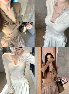 MaxMooroe古早白月光%长袖V领蕾丝辣妹T恤女夏季收腰显瘦通勤上衣