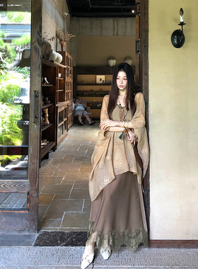 MaxMooroe她的木质调%新中式古风吊带连衣裙女夏季蕾丝显瘦长裙