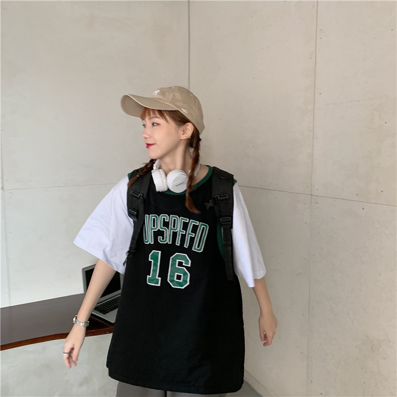 Real shot new fake two-piece college style mid sleeve T-shirt versatile loose student T-Shirt Top Fashion