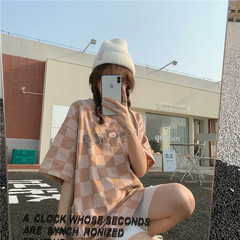 實拍 2021新款復古格子印花寬鬆T恤