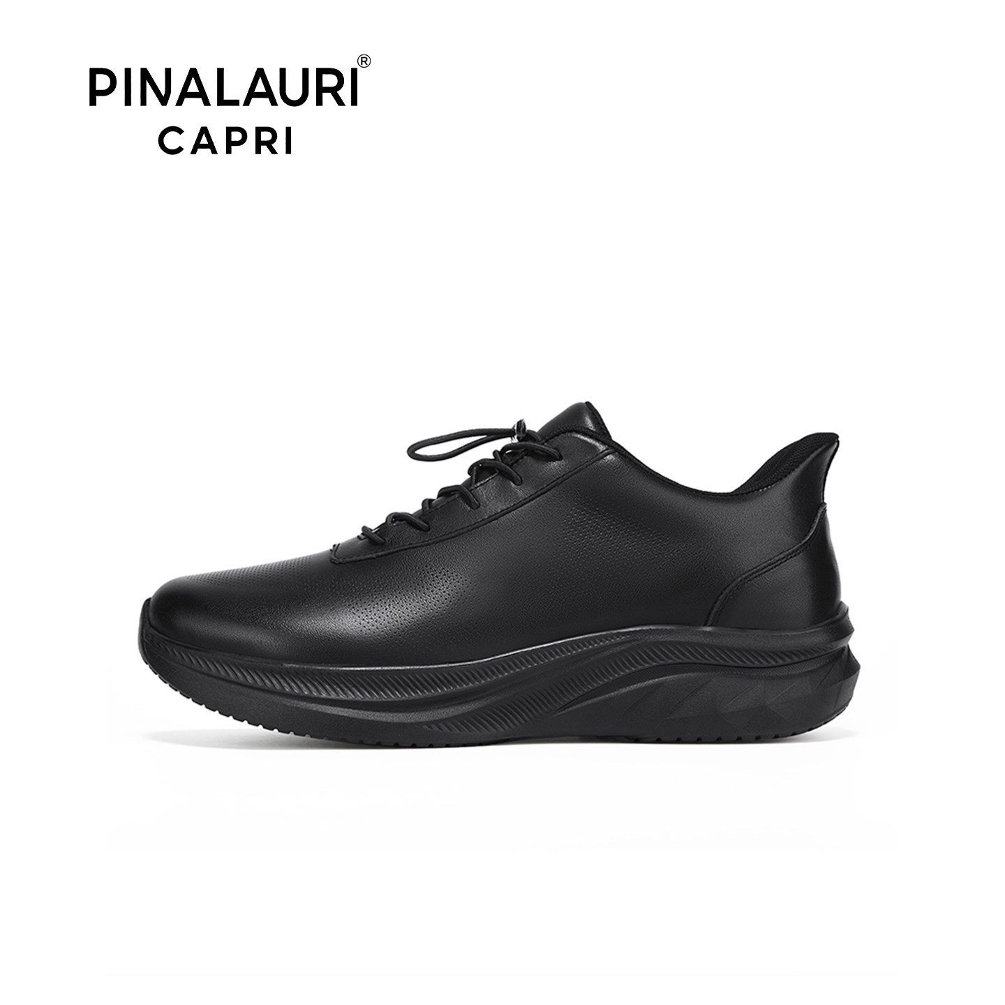 意大利PIALAURI CAPRI头层牛皮休闲鞋男潮流百搭系带运动鞋黑色