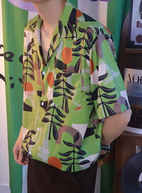 YINKESEN绿色复古植物印花短袖衬衫男宽松休闲百搭古巴领沙滩衬衣