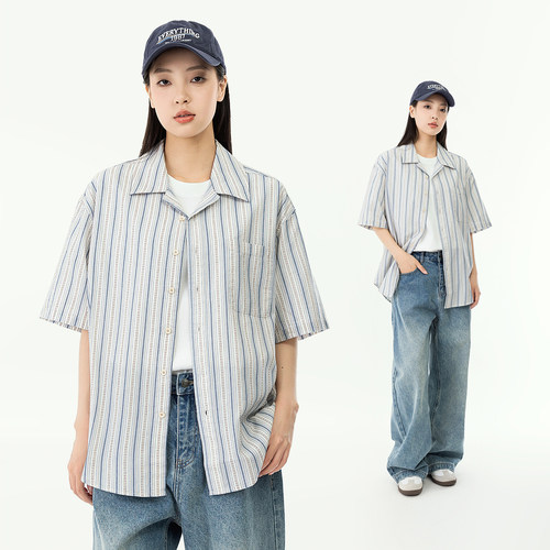 MANNSTU 2025夏季纯棉落肩袖宽松休闲男女同款古巴领条纹短袖衬衫