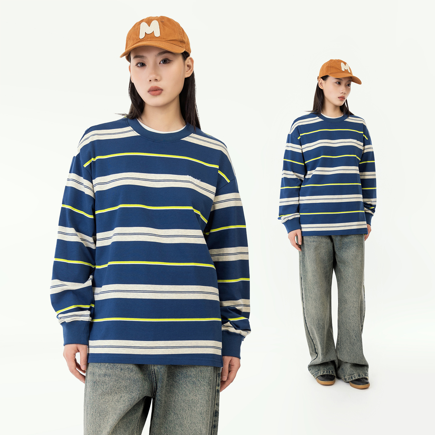 MANNSTU 秋季日系休闲宽松条纹长袖T恤女 纯棉百搭情侣装圆领上衣