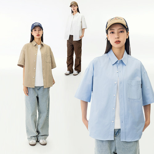 日系休闲宽松纯色翻领短袖衬衫