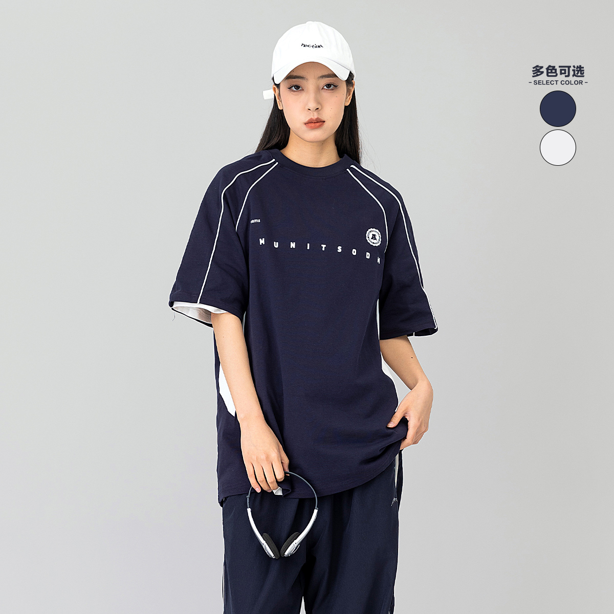 日系潮流复古印花纯色圆领T恤