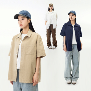 MANNSTU 夏季日系BF风中性古巴领短袖衬衫女 工装休闲宽松上衣男