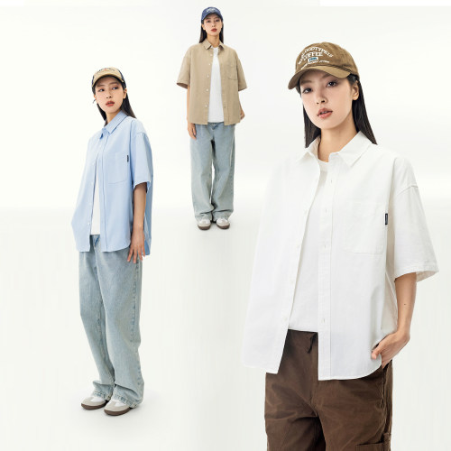 纯色工装翻领短袖衬衫女