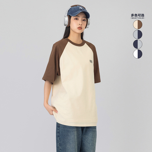 男 T恤女休闲中性纯棉半袖 Mannstu 日系街头情侣宽松拼接圆领短袖
