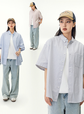 MANNSTU 夏季新款日系休闲复古条纹翻领短袖衬衫男潮流工装上衣女