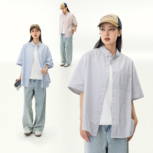 日系休闲复古条纹翻领短袖衬衫