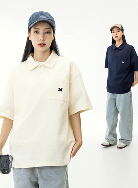 MANNSTU 夏季宽松翻领POLO衫短袖T恤女情侣装工装半袖体恤上衣