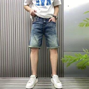 高品质时尚潮牌高街痞帅美式休闲弹力宽松直筒男士牛仔短裤五分裤