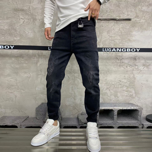 冬季高品质时尚轻奢潮流修身弹力加厚痞帅十字架印花小脚牛仔裤男