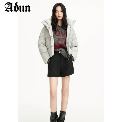 Abun【商场同款】2025年冬季新品短款抽绳连帽羽绒外套女厚款双色