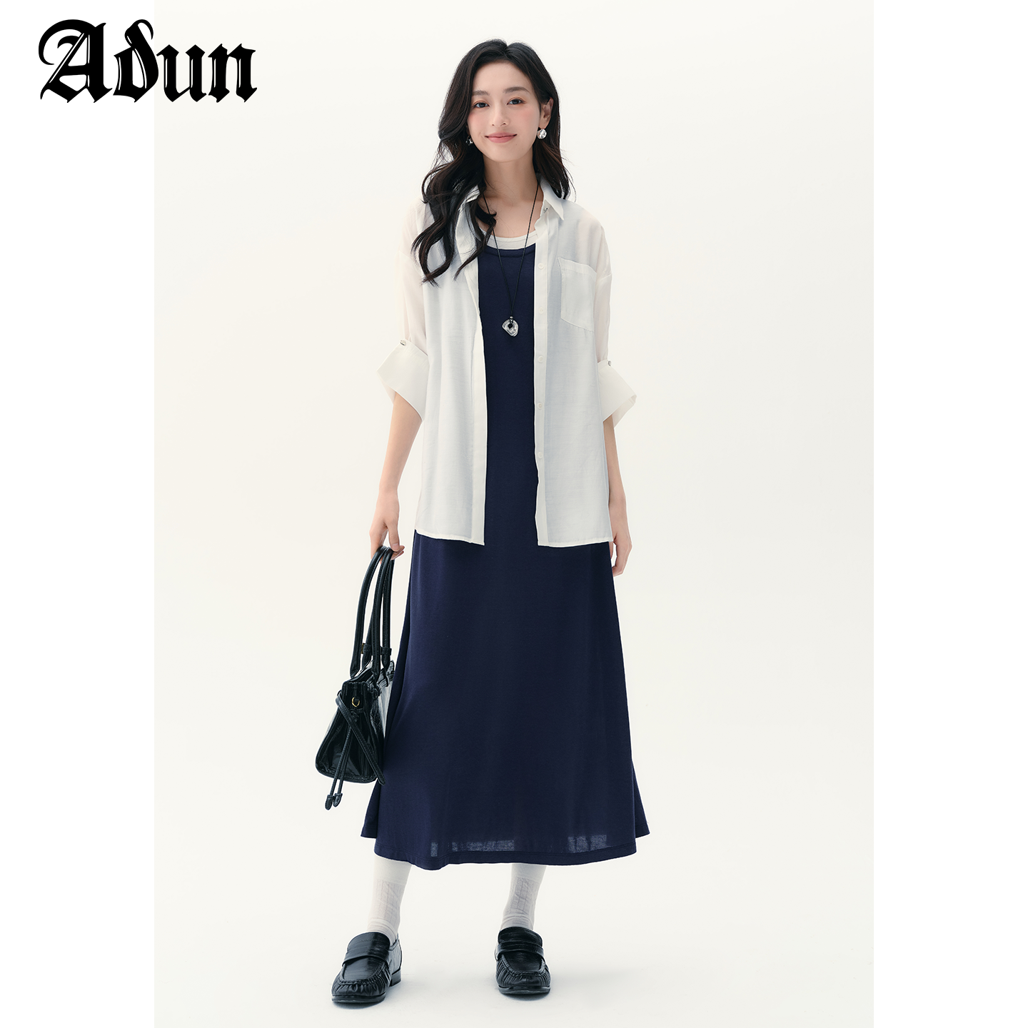 Abun2025年秋季新品纯色背心连衣裙薄款衬衫外套套装两件套休闲风