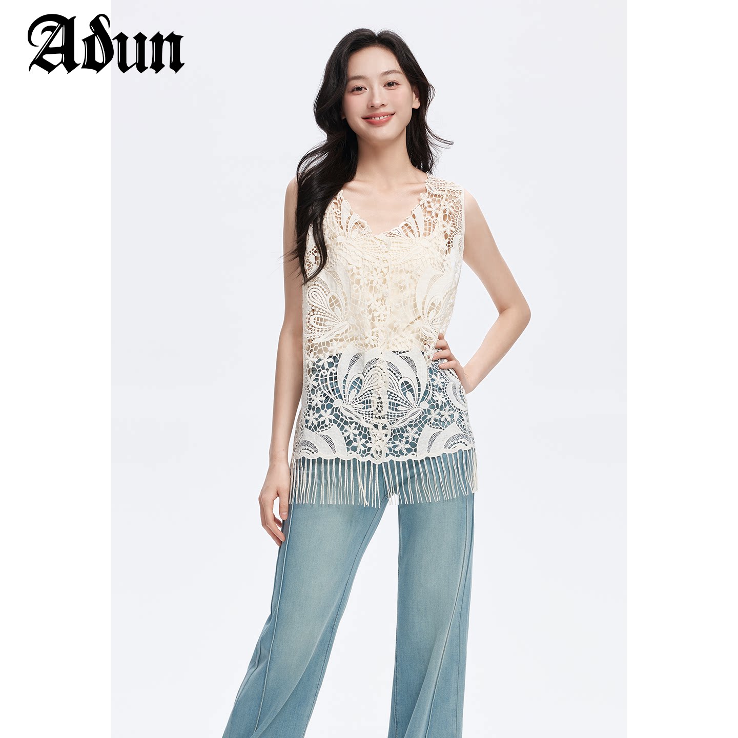 Abun【商场同款】夏季新品法式钩花镂空流苏马甲吊带内搭套装图片