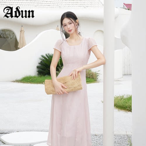 Abun【商场同款】2026年夏季新品方领温柔风小飞袖收腰显瘦连衣裙