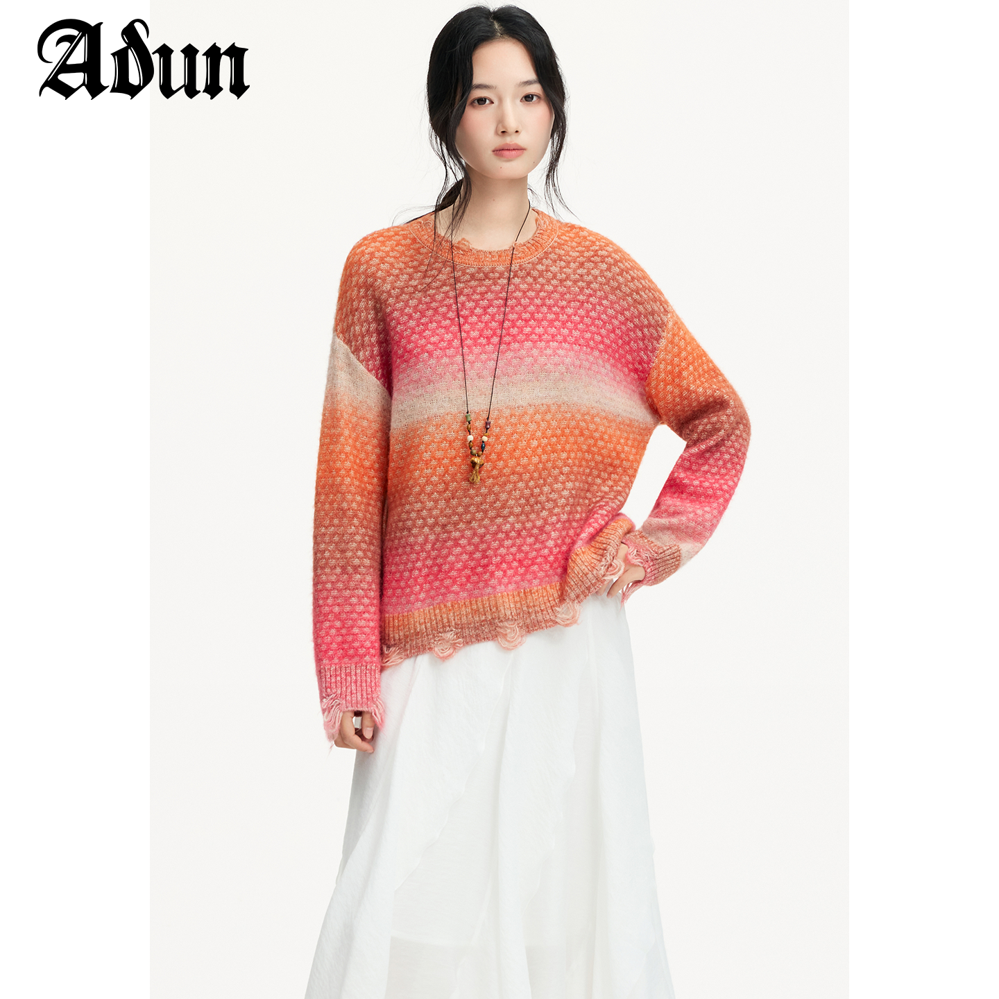 Abun【商场同款】2026年春季新品慵懒风宽松圆领流苏边套头毛衣