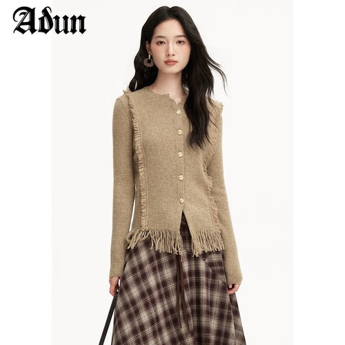 Abun【商场同款】2025年冬季新品复古流苏针织上衣做旧慵懒风