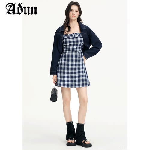 Abun【商场同款】2026年春季新品复古格纹吊带裙+外套两件套女