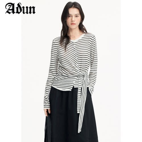 Abun【商场同款】2026年秋季新品设计感系带条纹针织开衫上衣女