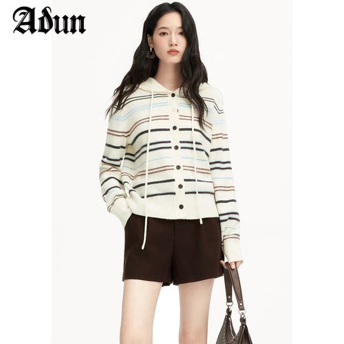 Abun【商场同款】2026年冬季新品条纹连帽针织开衫女