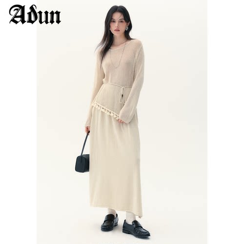 Abun【商场同款】2026秋季新品镂空流苏针织上衣吊带裙套装女