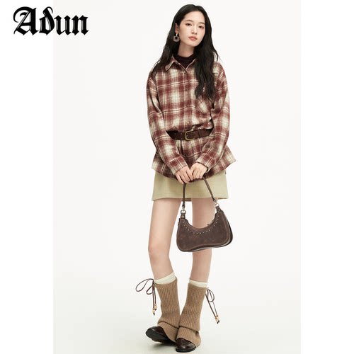 Abun【商场同款】2025年冬季新品复古格纹衬衫上衣针织内搭套装女