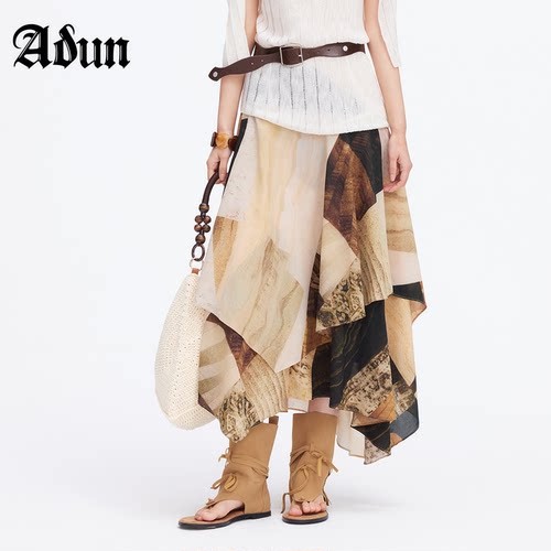 Abun【商场同款】2026年夏季新品复古抽象印花拼接不规则半身裙