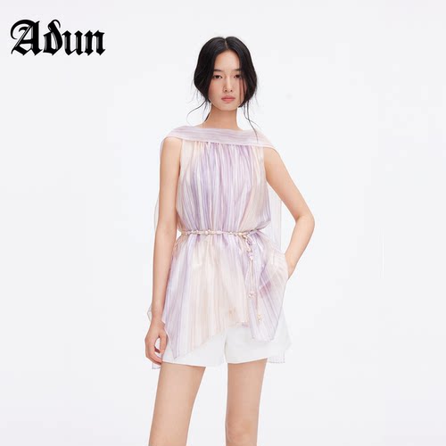 Abun【商场同款】2026年夏季新品紫色渐变竖条纹飘带无袖上衣女