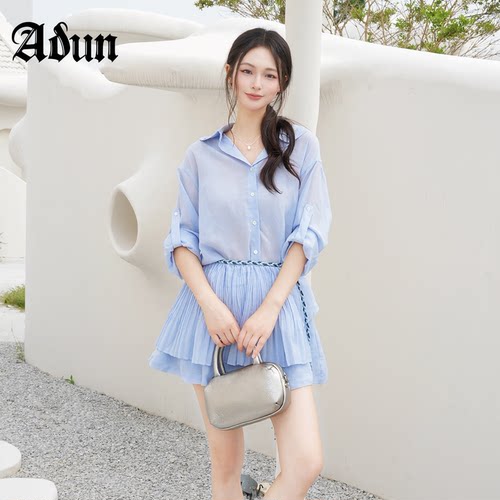 Abun【商场同款】2026年夏季新品蓝色翻领衬衫百褶屁帘短裤套装