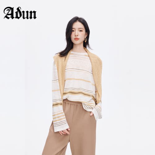 Abun秋季条纹镂空宽松针织衫女