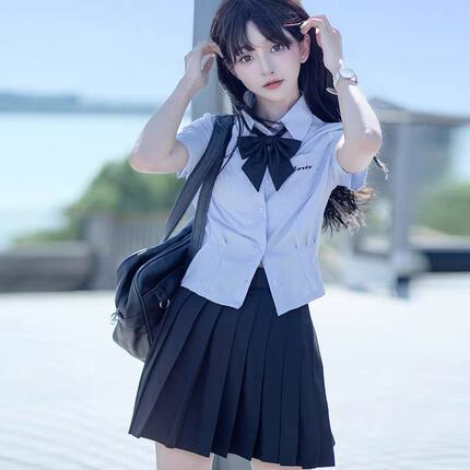 蓝色夏季原创泰式衬衣短袖女收腰衬衫修身爆款上衣套装jk校服