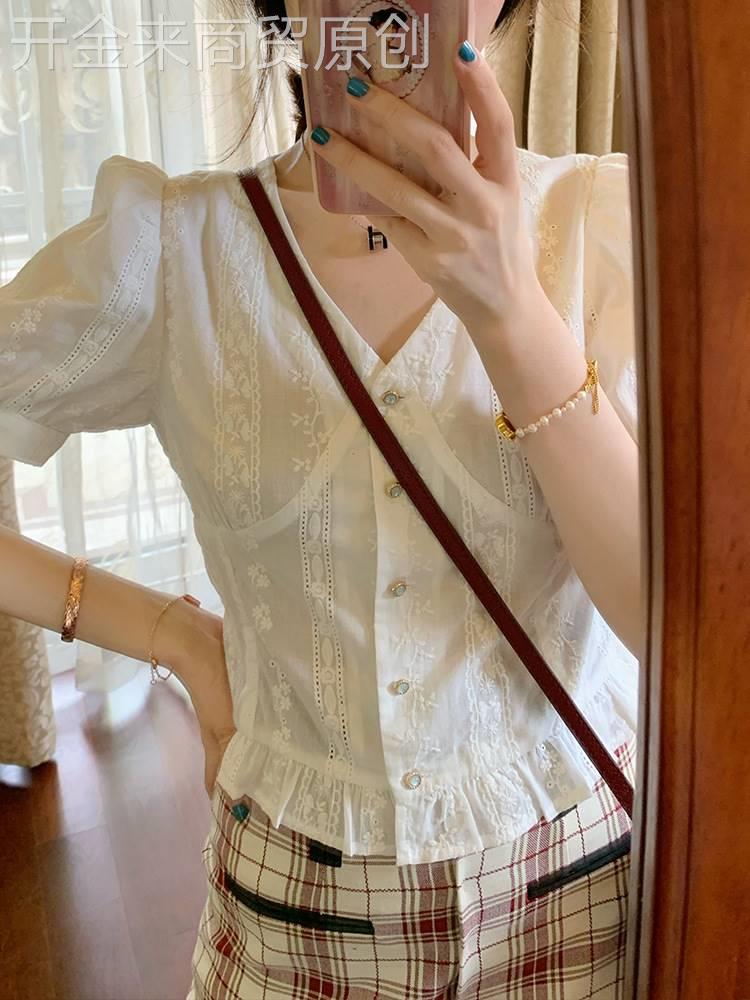 立体刺绣高腰显瘦v领连衣裙女夏季中长款初恋小白裙泡泡袖仙女裙