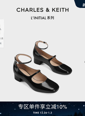 CHARLES&KEITH秋冬女鞋SL1-61900029方头一字带牛皮粗跟玛丽珍鞋