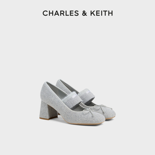 单鞋 CHARLES&KEITH25冬季 60580321粗高跟蝴蝶结玛丽珍鞋 CK1 新款