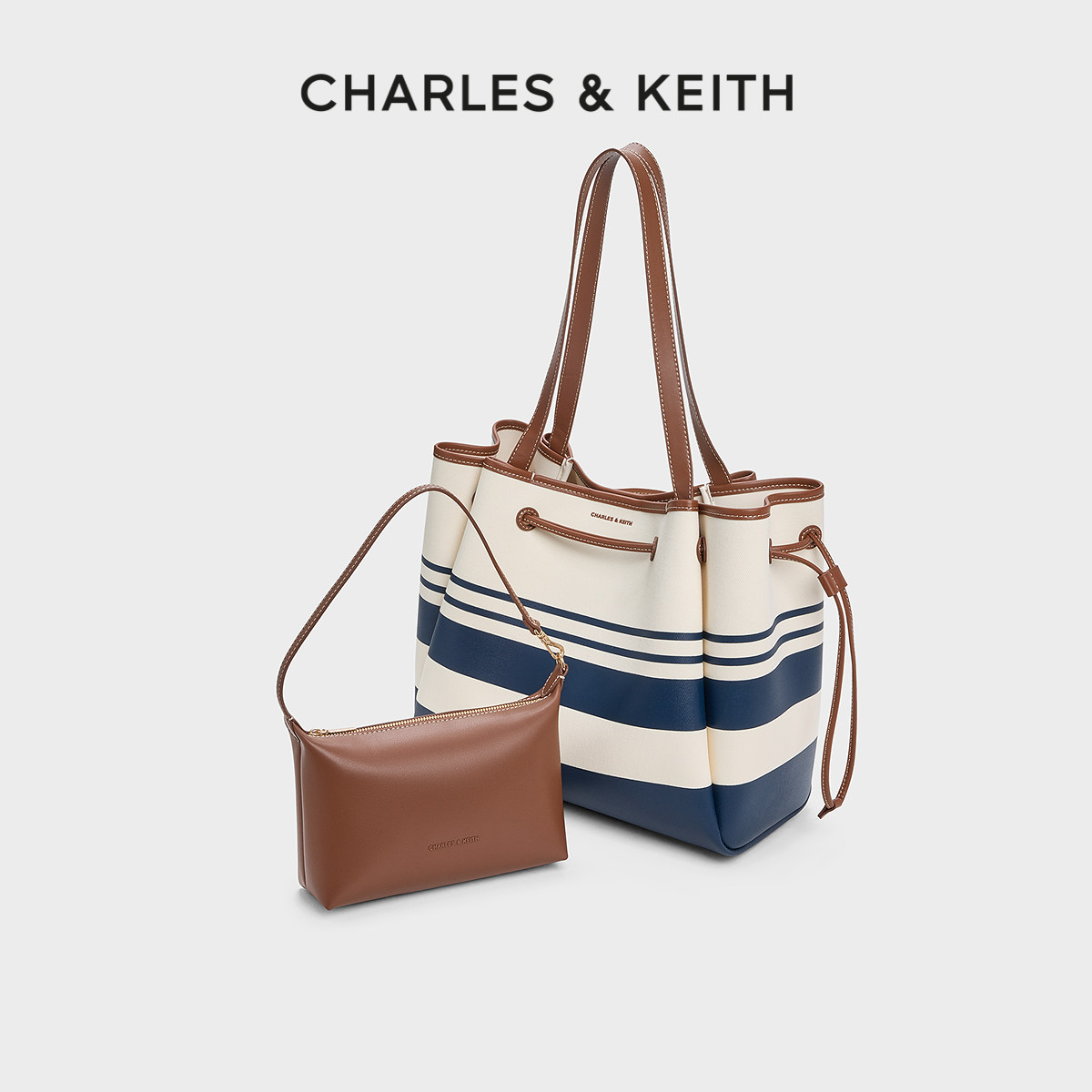 CHARLES&KEITH26夏新款CK2-30782862-A帆布条纹大容量单肩托特包