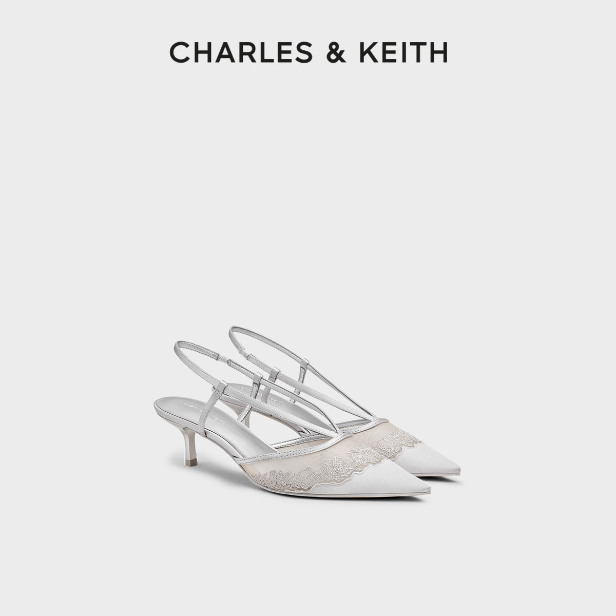 CHARLES&KEITH26夏季新款CK1-60920433蕾丝缎面尖头低跟凉鞋婚鞋图片