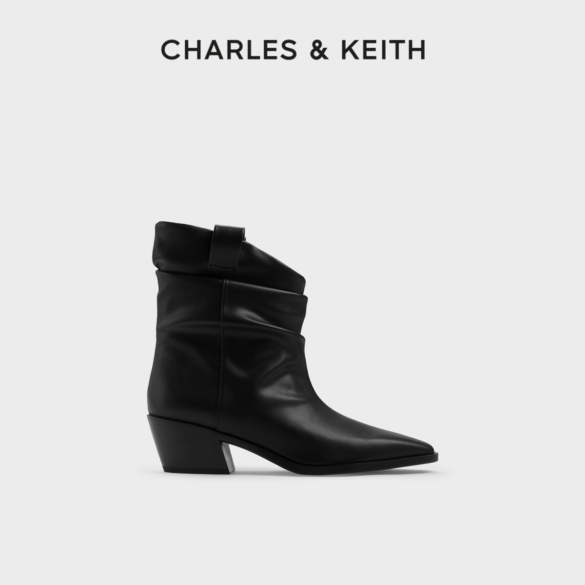 CHARLES&KEITH春夏女靴CK1-90920141复古堆褶尖头粗跟西部牛仔靴