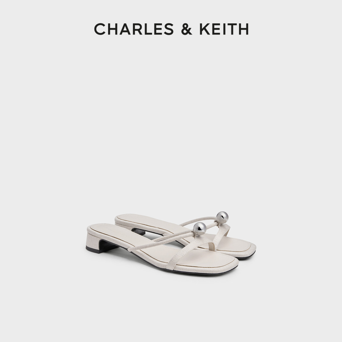 CHARLES&KEITH26夏新款CK1-60580342细条带圆珠低跟拖鞋粗跟凉鞋