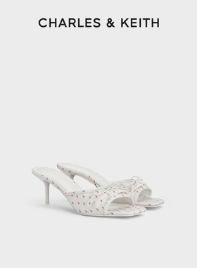 CHARLES&KEITH秋冬女鞋CK1-60280476方头蝴蝶结褶皱细跟拖鞋凉鞋