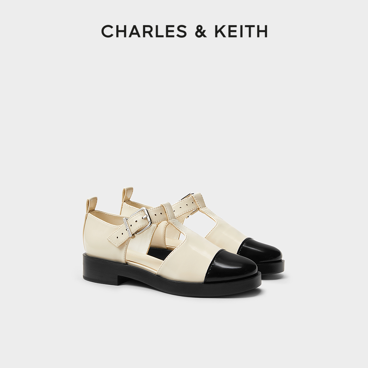 CHARLES&KEITH24春新款CK1-70900504法式拼色平底单鞋搭扣玛丽珍